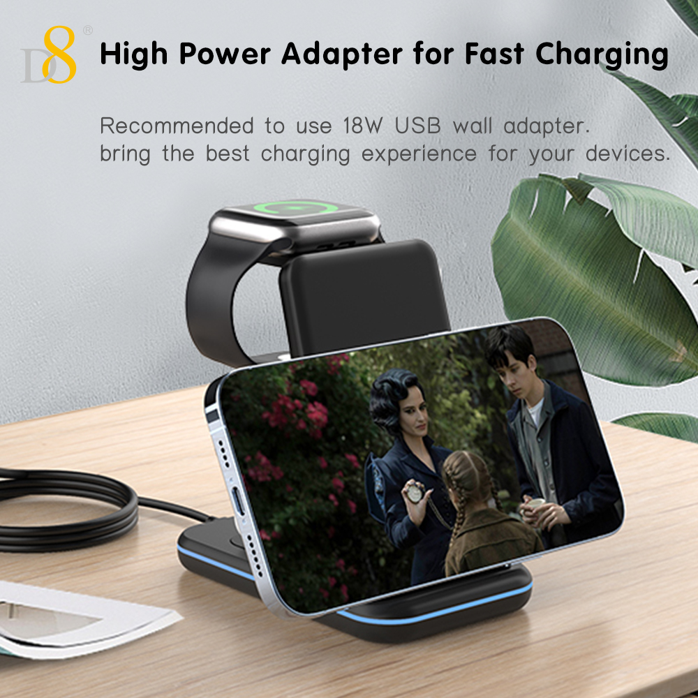 D8 Wireless Charging Station,3 In 1 Wireless Charging Stand Made Compatible With Apple Watch Ultra 9 8 7 6 SE 5 4 3,Fast Wireless Charger Made Compatible With IPhone 15/Plus/Pro Max/14/13/12/11/X