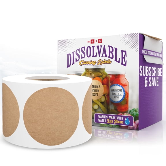 MESS Dissolvable Canning Labels for Jars 200 Pack - Kraft Mason Jar Stickers for Containers - Removable Jam Jar Labels 2 Inch