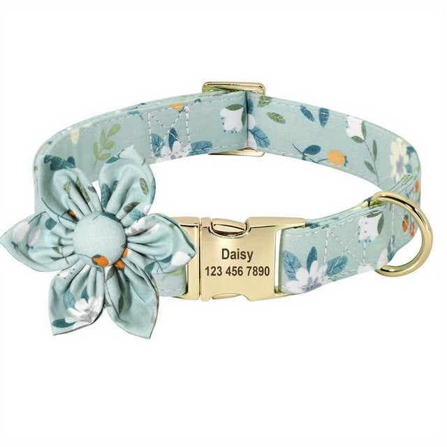 Dosaele Personalized Dog Collar with Floral Engraving - Adjustable Nylon Flower Buckle Durable & Comfortable for Small Medium & Large Dogs Stylish Paw Print Design Secure Fit Dog Col