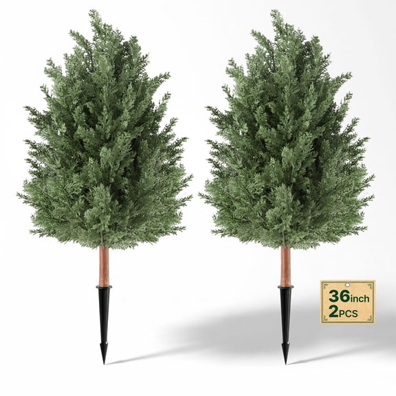 VEVOR Artificial Topiary Cedar Bush 3 Ft Set of 2 Greenery Fake Shrubs, PE Faux Trees with Ground Spikes, Indoor & Outdoor Green Plant for Front Door, Entryway, Porch, Balcony, Patio, Garden