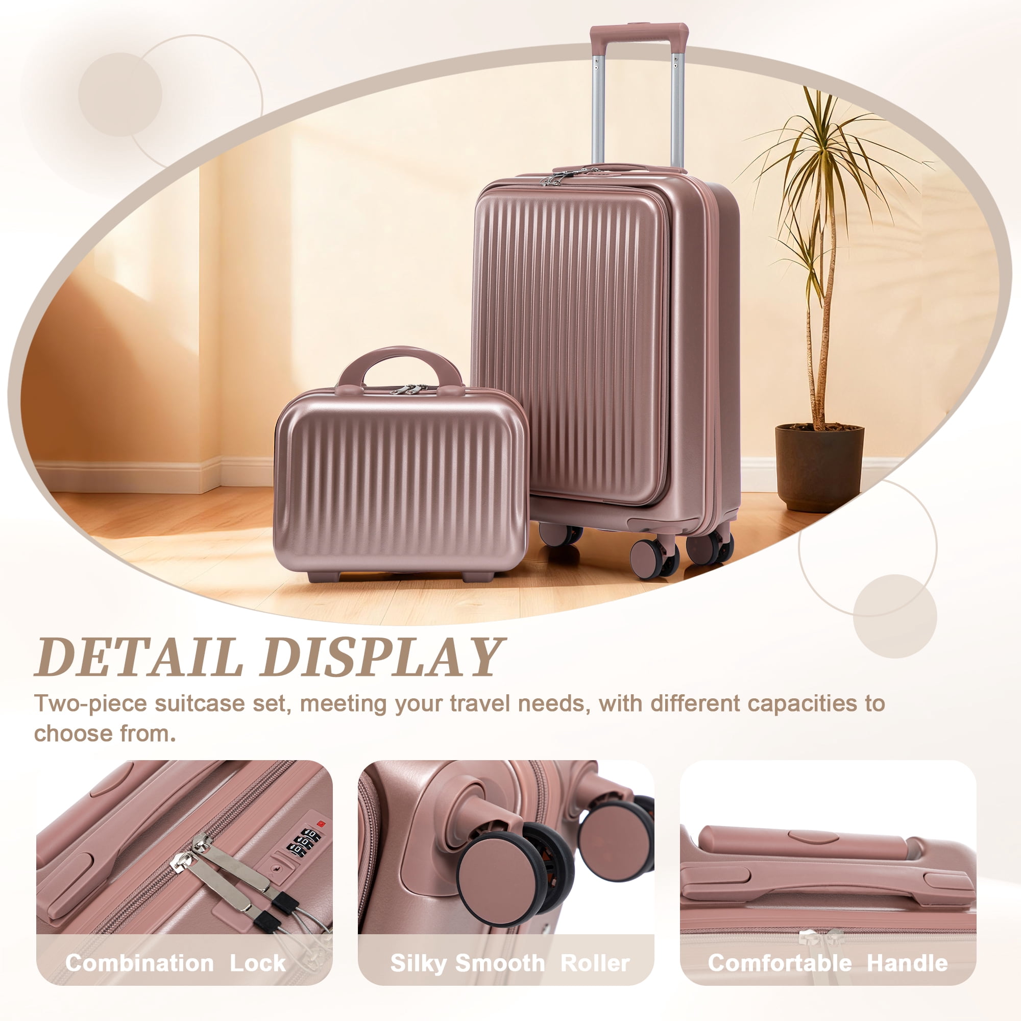 Alvantor 2 Piece Spinner Luggage Set, ABS Hardshell Front Opening Suitcase Set with Combination Lock and Cosmetic Case,14"/20" Champagne