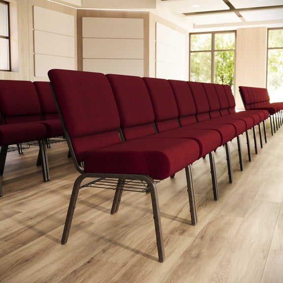 Flash Furniture 4 Pack 21''W Church Chair in Burgundy Fabric with Cup Book Rack - Gold Vein Frame