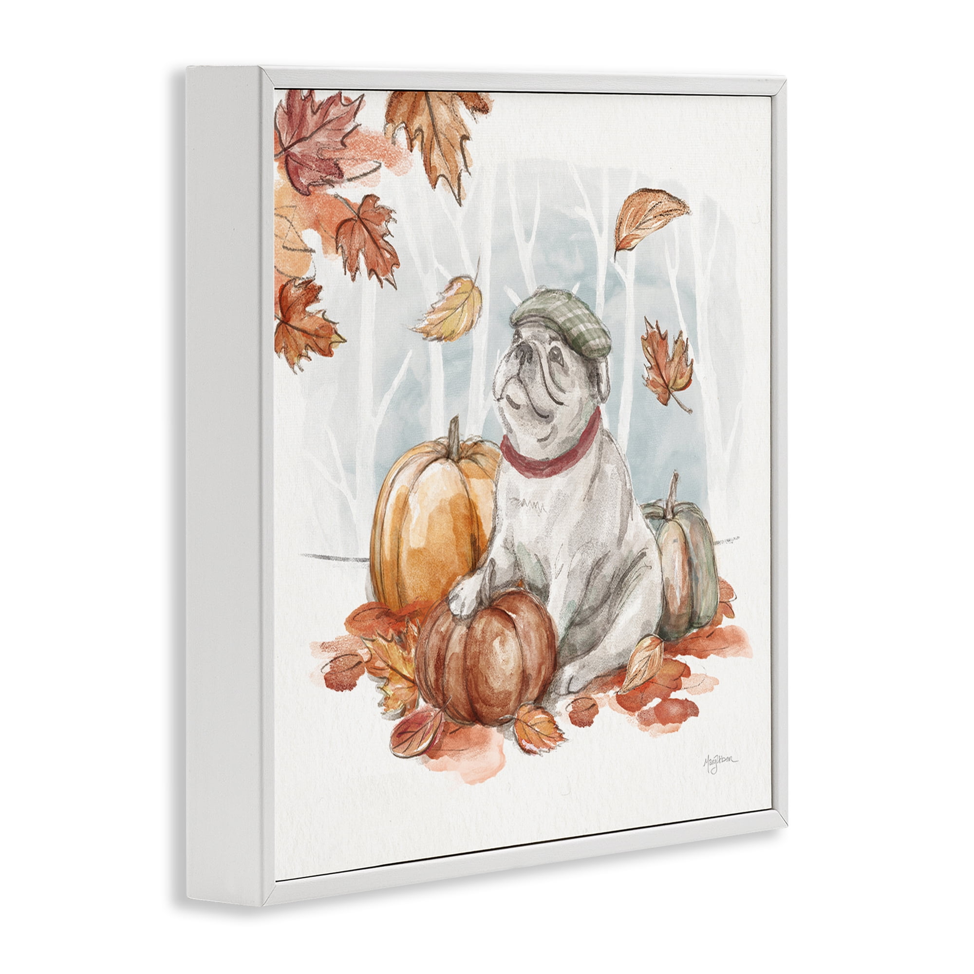 Stupell Industries Autumnal Bulldog Scene Holiday Painting White Framed Art Prints Wall Art, 24 x 24