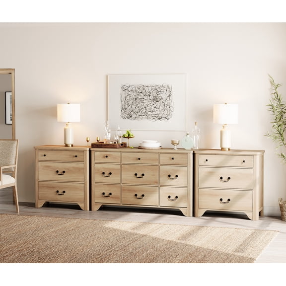 WAMPAT 3 Pcs Bedroom Sets,9 Drawer Farmhouse Wood Dresser and 3 Drawer Dresser Set of 2,Large Wooden Storage Cabinet for Bedroom Living Room,Brown