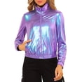 thumbnail image 5 of INSPIRE CHIC Women's Holographic Shiny Party Long Sleeve Lightweight Zipper Metallic Jacket XL Blue Purple, 5 of 8