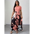 thumbnail image 5 of Pink Plus Size Women Botanical Print Round Neck Short Sleeve Maxi Dress Holiday Style, 5 of 8