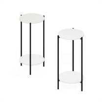 Furinno Besi 2-Tier Modern Tall Round Side End Table with Sturdy Metal Legs, Set of 2, White/Black
