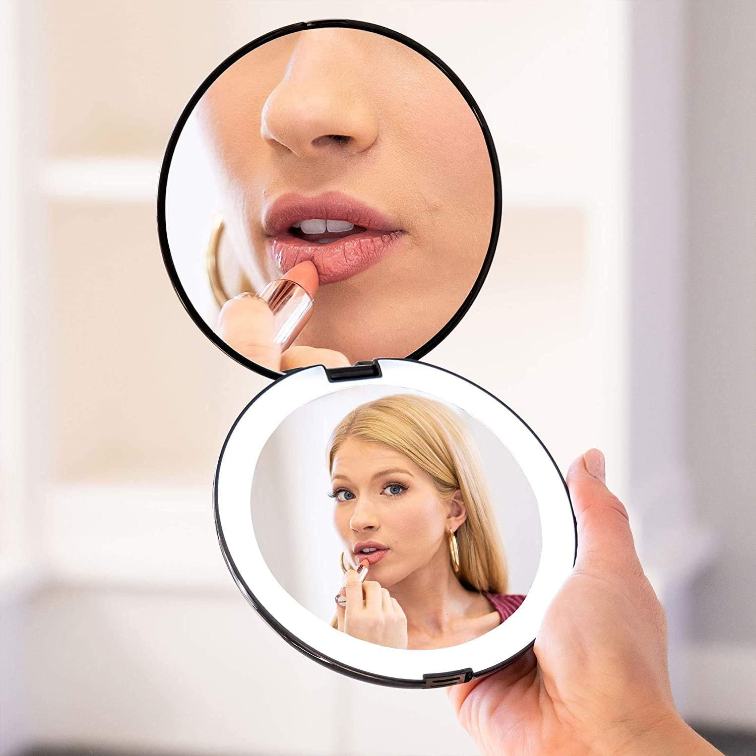 LED Lighted Travel Makeup Mirror, 1x/10x Magnification Daylight LED