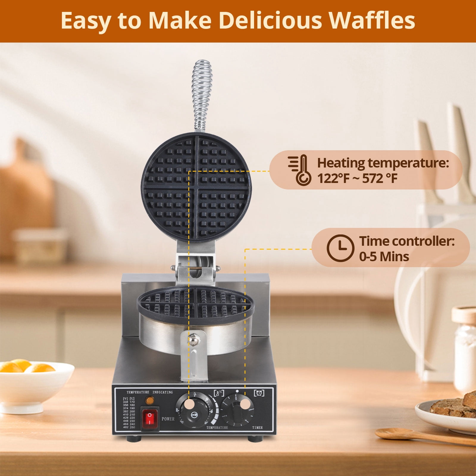 Roromall 110V Commercial Waffle Maker, 1300W Round Waffle Iron, Non-Stick Rotatable Waffle Baker Machine, 50°C-300°C Temp Range, Stainless Steel Round Commercial Waffle Maker for Restaurant