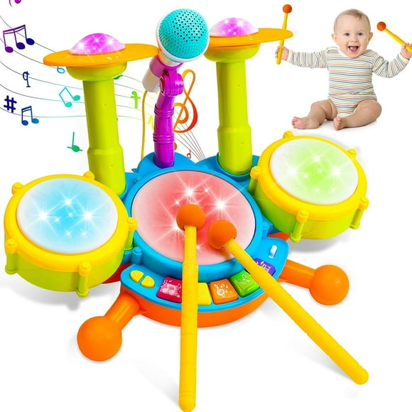 Style-Carry Kids Drum Set Musical Toys for Toddlers with 2 Sticks Microphone, Piano Light Up Learning Toys for Toddlers Age 1 2 3