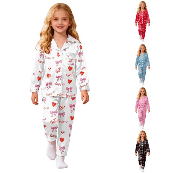 FYDUU Girls Pajamas Bow Printed Long Sleeve Button Down Shirt and Pants Soft Sleepwear Kids Nightwear Fall Loungewear Sets 3-4 Years