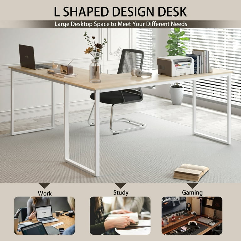 58 L Shaped Gaming Desk, Modern Style Computer Desk for Home Office, Beige  Wood Sturdy Home Office Writing Corner Computer Desk 