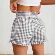 Lovzfmll Shorts for Women, Comfy Gingham Plaid Beach Bottoms with Pockets, Casual Ruffle Hem Lounge Sleep Shorts for Summer Gray S