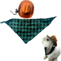 Cute Rabbit Cowboy Hat and Bandana Set, Pet Bunny Cat Small Dog Western Costume Hat and Scarf Outfit (Coffee-Green Plaid)