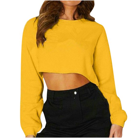 WCMZJ Women’s Cropped Hoodie Pullover Long Sleeve Crew Neck Crop Tops Oversize Fit Fall Pullover Sweatshirts Tops Yellow L