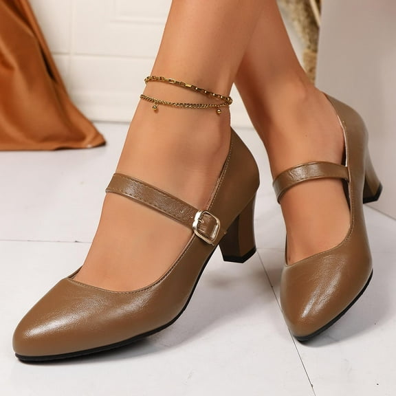 Low Heel Shoes for Women Square Toe Casual with Ankle Strap Mary Jane Shoes (Brown 9)