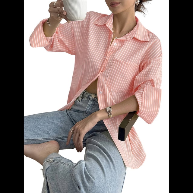 Camisas de Mujer con Botones, Camisas Formales A Rayas, Mangas Largas, Solapas, Camisas de Oficina, Blusas Rosa M