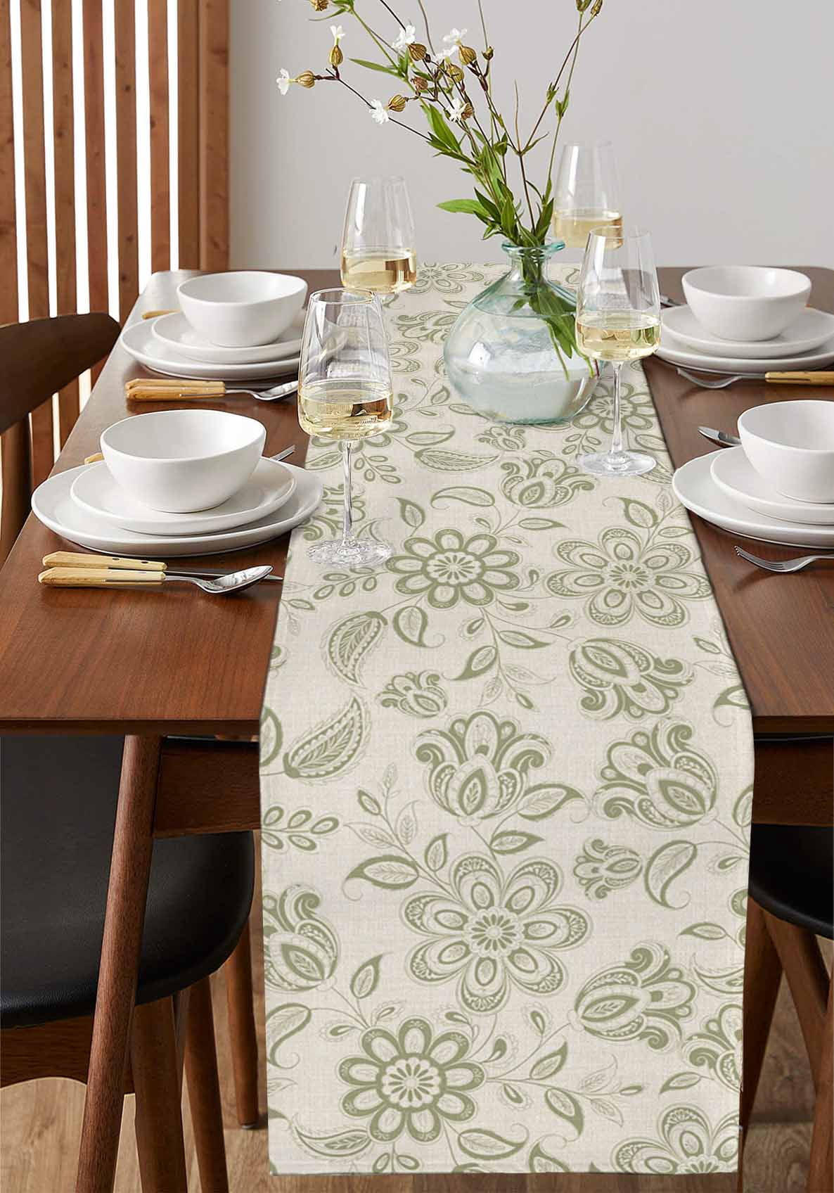 nqOlkjepod Green Flowers Table Runner 72 Inches Long Farmhouse Dress Scarves, Vintage Country Ethnic Tribal Artwork Dining Tablerunner for Coffee Table/Kitchen Island/Party Décor, 13" x 72"