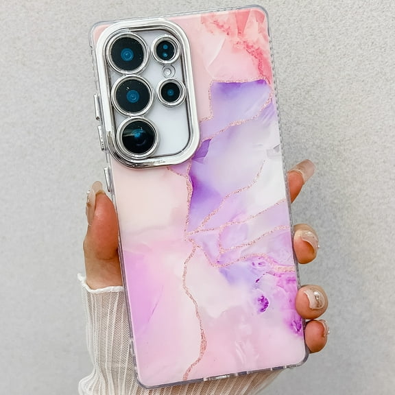Marble Pattern Case for Samsung Galaxy S25 Ultra Sparkle Glitter Plating Camera Frame Design, Ultra Slim Shockproof Protective TPU Lightweight Cover Phone Case for Samsung Galaxy S25 Ultra, D