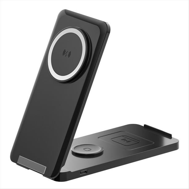 Cargador Inalámbrico Magnético con Soporte Vertical Multifuncional Plegable, Apto para Teléfonos Móviles, Relojes y Auriculares, Color Negro.