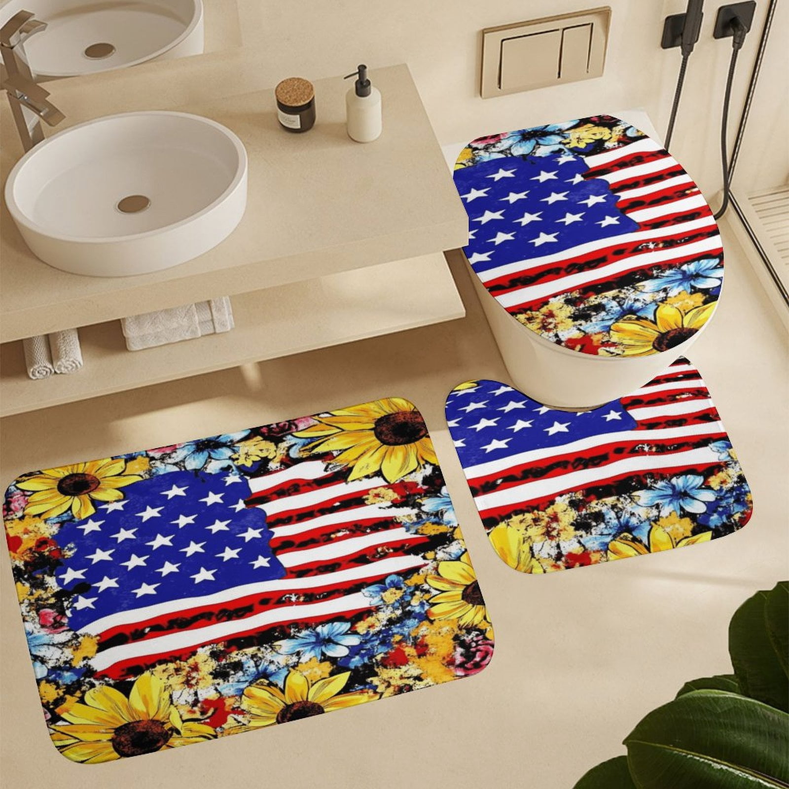 4th of July 4 Pcs Shower Curtain Set with Rug Bathroom Sets with Waterproof Fabric And Non-Slip Rugs Toilet Lid Cover Bath Mat Decor with Hooks