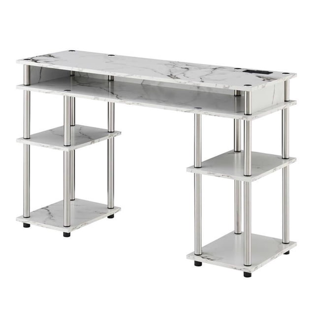 Pemberly Row Bureau d'Étudiant avec Station de Recharge en Bois Imitation Marbre Blanc