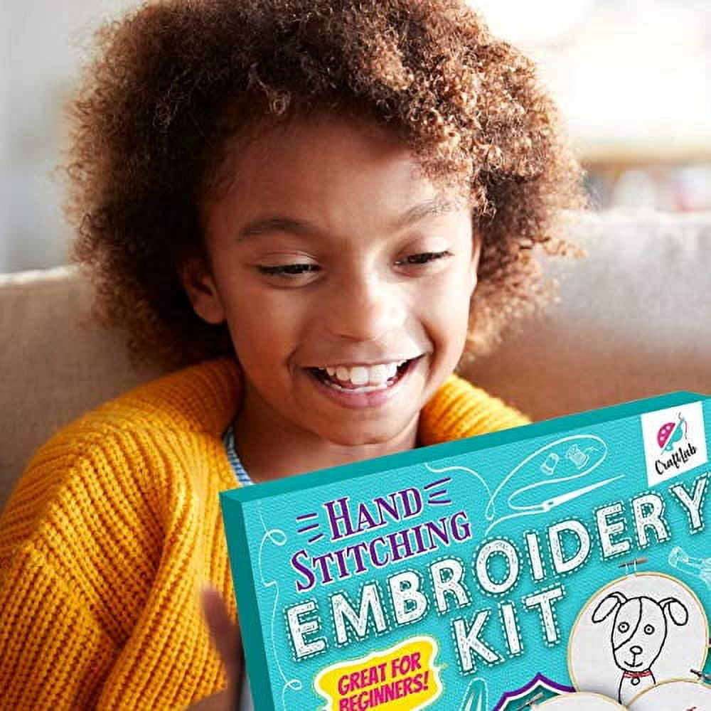 CraftLab Kids Embroidery Kit for Beginners, Kids Craft Starter Kit Gift for Ages 7 to 13, Includes 10 Projects, Embroidery Hoops, Fabric, Patterns,