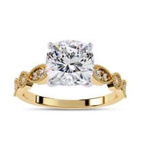 Solitaire Engagement Ring for Women Center 8mm Cushion and Round Cut Lab Created Moissanite Beaded Promise Rings In 14K Solid Yellow Gold Jewelry Gift for Her, Size 4.5