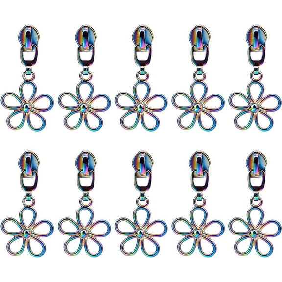 14Pcs Floral Metal Rainbow Zipper Sliders Charms Alloy Colored Zipper Pull Tabs Repair Kit for Purse Handbag Making Craft Sewing DIY Tailor