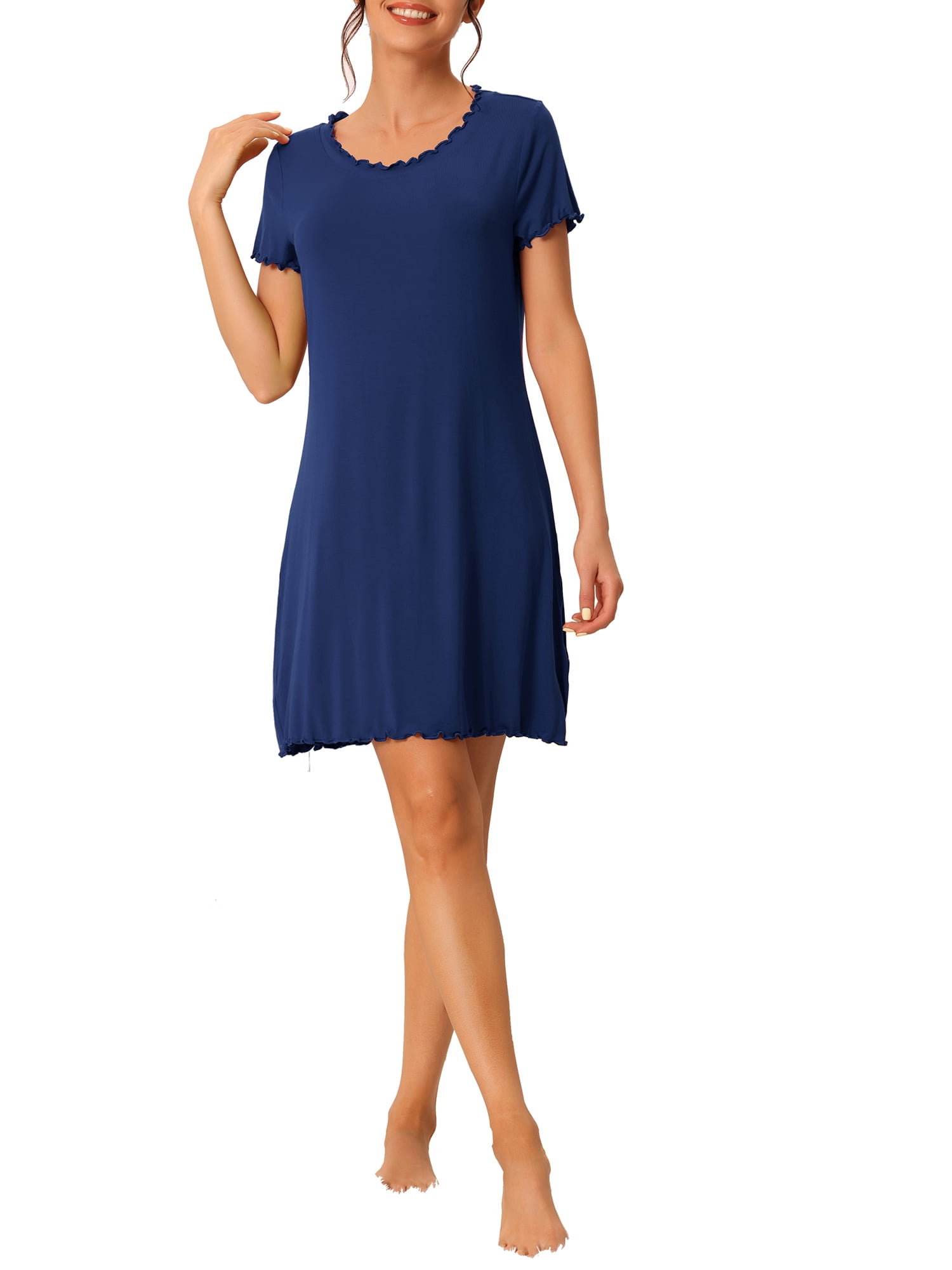 Unique Bargains Womens Sleepshirt Short Sleeve Ruffle Nightgown Loungewear Nightshirts XL Blue