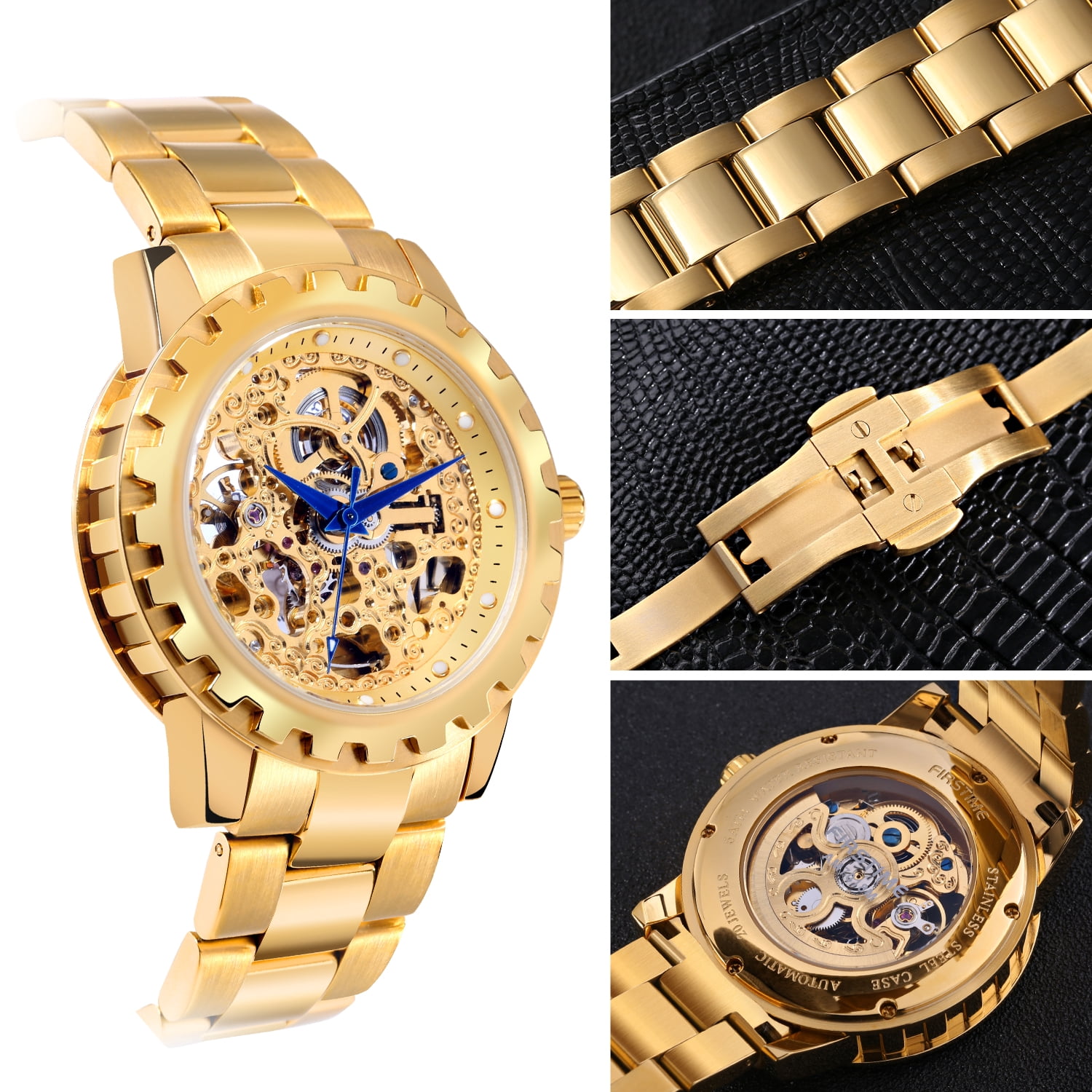 BERNY Automatic Watches for Men, Luxury Skeleton Mechanical Watch Self Winding Carved, Exhibition Caseback, Luminous, 5ATM Waterproof, Stainless Steel, Vintage Men's Wrist Watch (Gold)