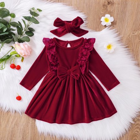 

XMMSWDLA Toddler Girl Clothes Kids Baby Girls Fashion Cute Solid Color Long Sleeves Flock Bow Lace Princess Dress Headdress Suit Sales Clearance