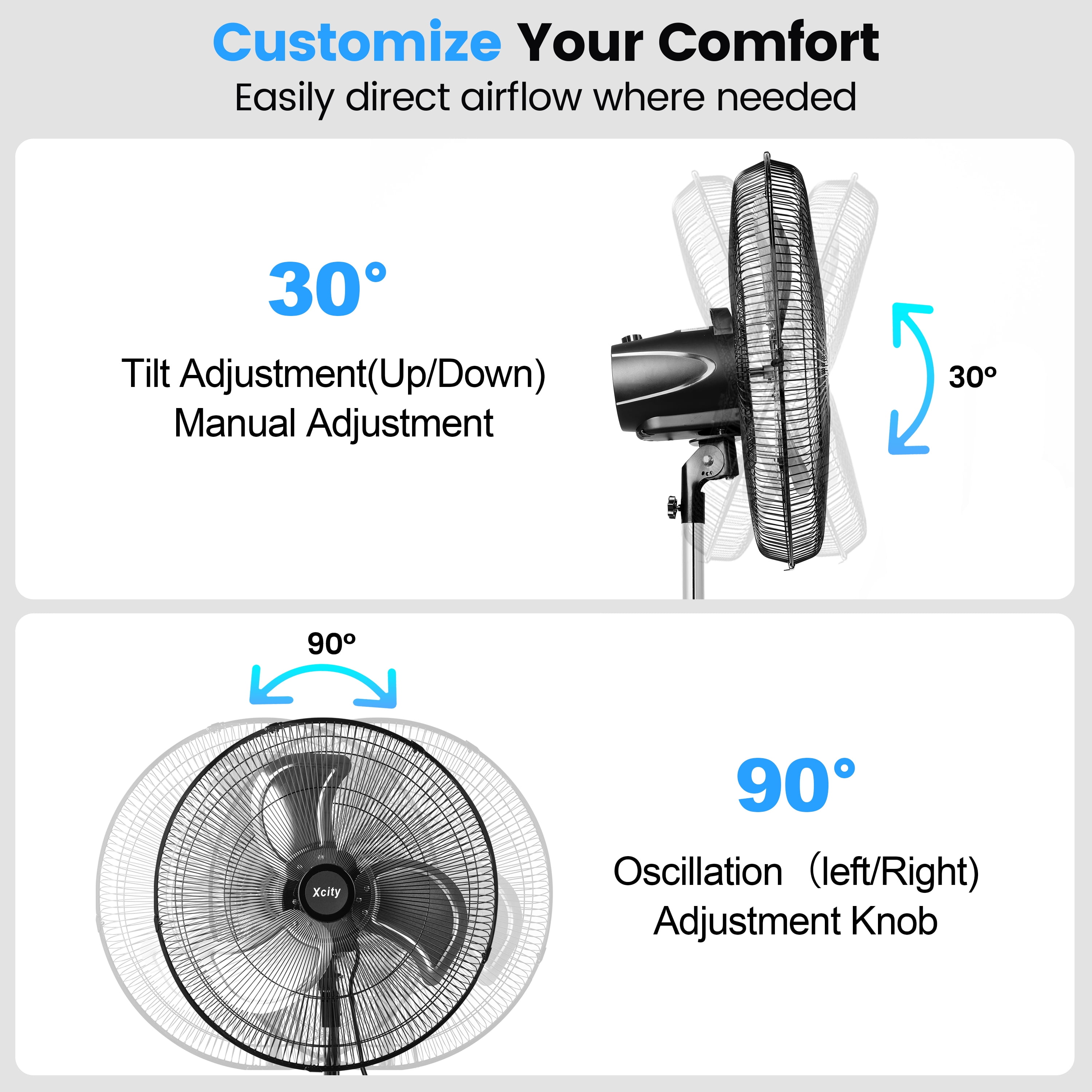 Avobird 18'' Industrial Oscillating Pedestal Fan, 3-Speed & 90° Tilt Height Adjustment Standing Fan for Bedroom/Offices/Workshop, Max 3100 CFM(Black)