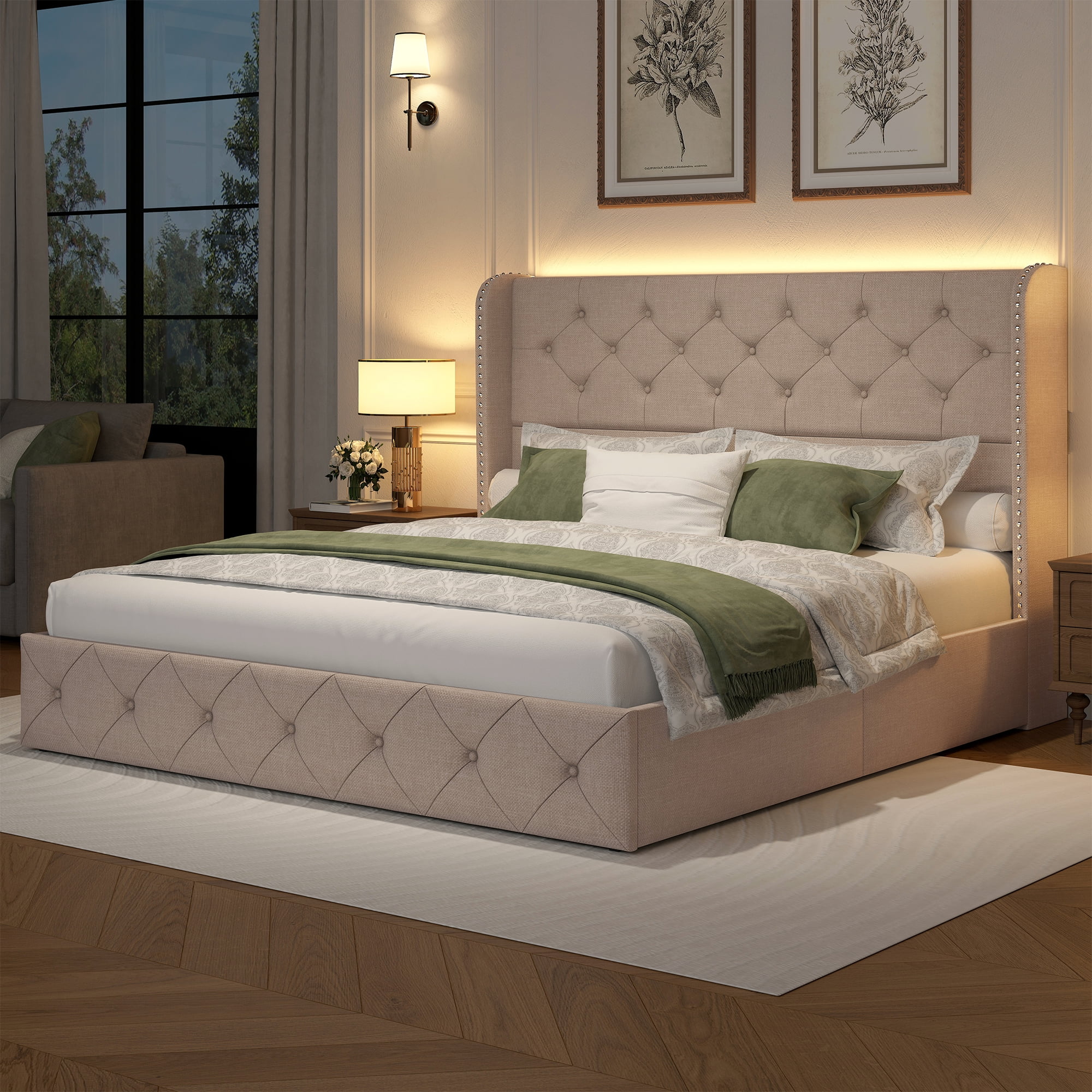 Queen Size Bed Frame with Storage Drawers and Tufted Headboard Velvet Upholstered Platform Bed Frame with LED Light Wingback, Beige