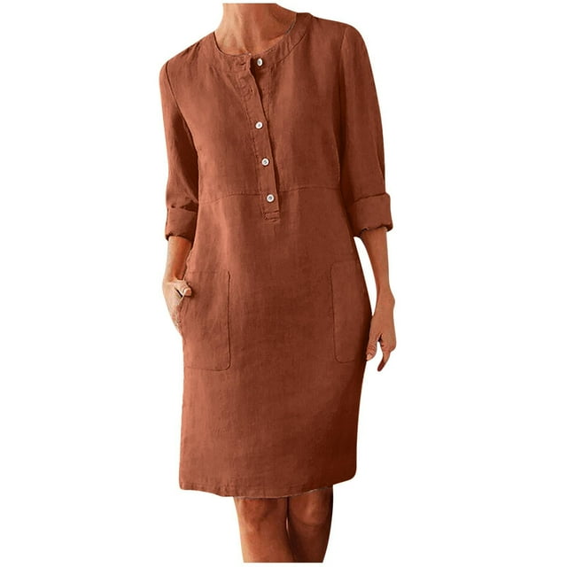 Daiosportswear Robe en Lin et Coton pour Femmes, Robe Chemise à Boutons à Manches Longues, Col Rond, Robe Habillée Décontractée Mini avec Robe Femme, Robes pour Femmes Brun 2X-Grand (TTG)