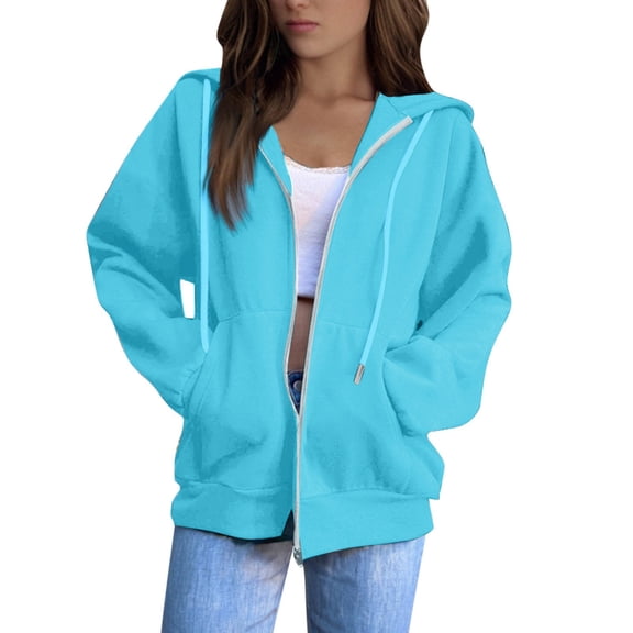 Womens Hoodies Zip Up Casual Long Sleeve Oversized Hoodie Y2K Full Zipper Fleece Preppy Sweatshirts Jackets
