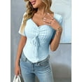 thumbnail image 4 of Women'S Solid Color Casual Short Sleeves Pullover Slim Pleated Short Top Comfort Drawstring Tops Light Blue XL, 4 of 7