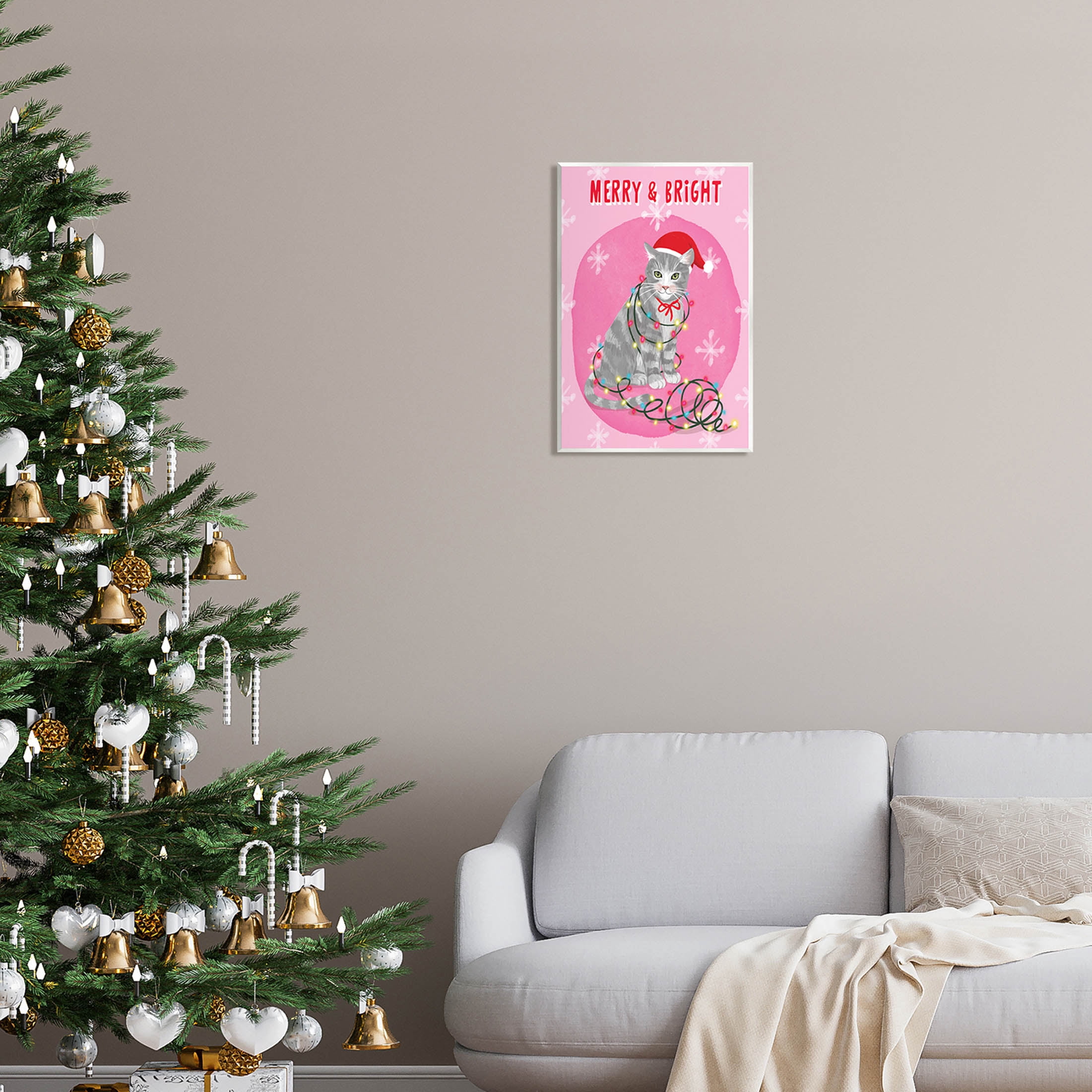 Stupell Industries Merry & Bright Christmas Cat Lights Graphic Art Unframed Art Print Wall Art, Design by Be Ni La