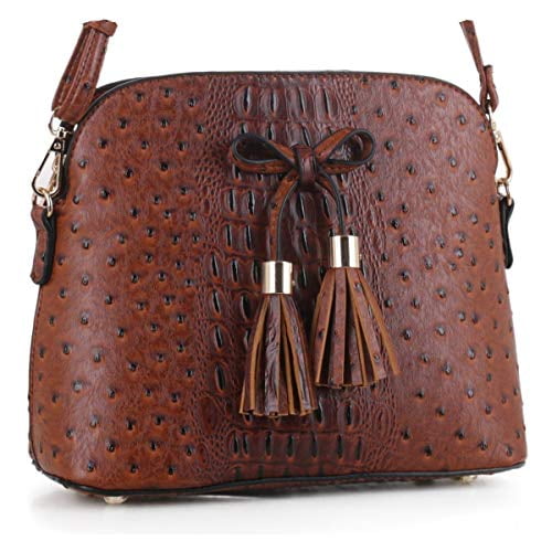 SG SUGU Ostrich Pattern Lightweight Medium Dome Crossbody Bag with Bow ...