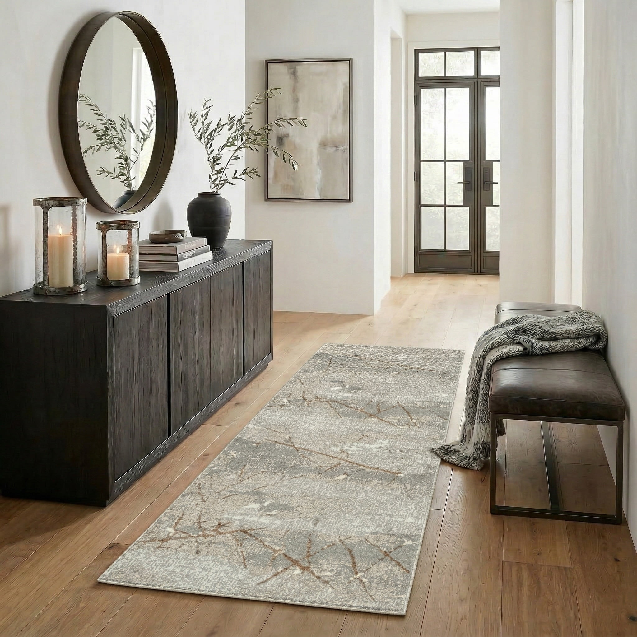 Ox Bay Bethany 2'6" x 8' Beige/Gray Abstract Durable Indoor Area Rug