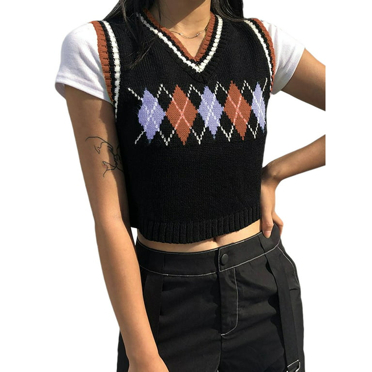 Women Knitted Vest Tank Top Sweater Waistcoat Sleeveless V-neck Geometric