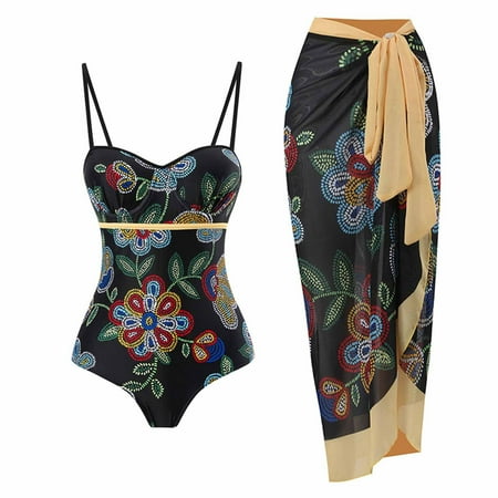 Fayshow0 Bikinis Top for Women Love and Sports Swimwear Women s Swimsuit One-piece Swimsuit Bikini Lace Up Swimsuit Long Skirt Chiffon Two-piece Set(Black XL)