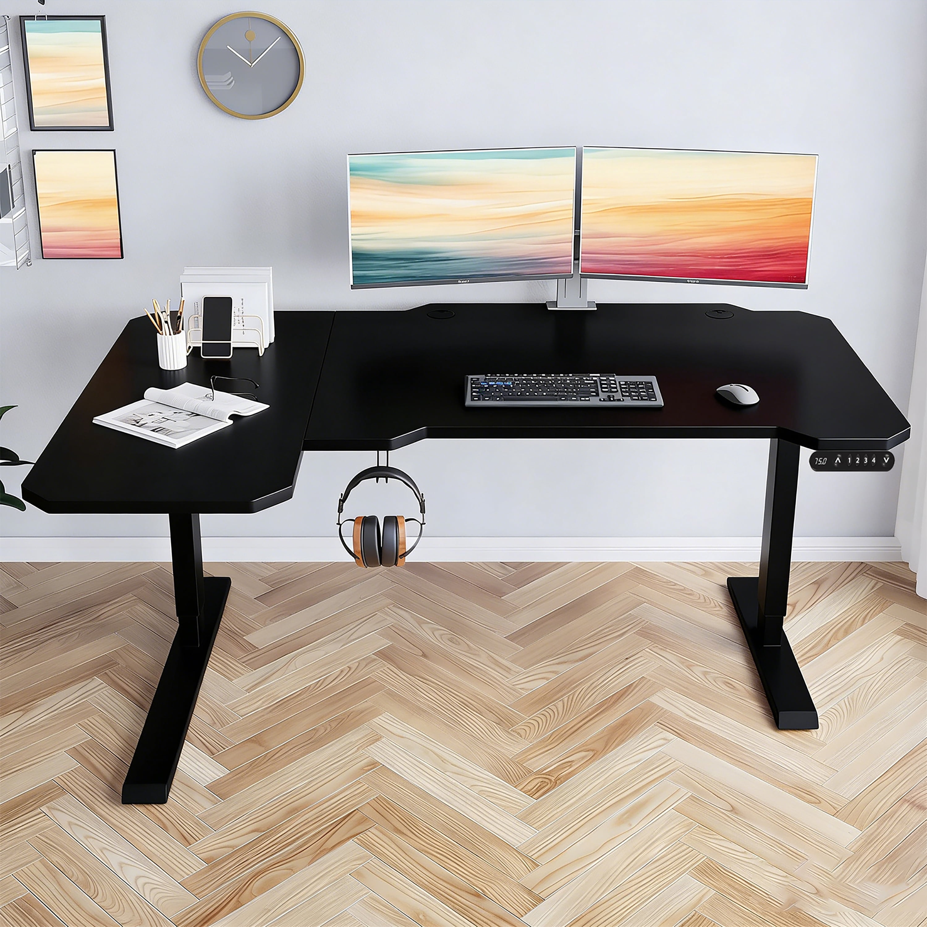 Electric L Shaped Standing Desk 59 Inch, Height Adjustable Corner Desk, Sit Stand L Computer Desk for Office with 4 Memory Presets, Under Desk Cable Basket, Side Hooks, Home Office Workstation, Black