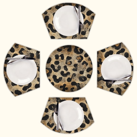 Gold black leopard print texture Round Table Placemats Set Of 5 Wedge Table Mats Washable Heat Resistant Place Mat For Dining Table Kitchen Farmhouse Restaurant