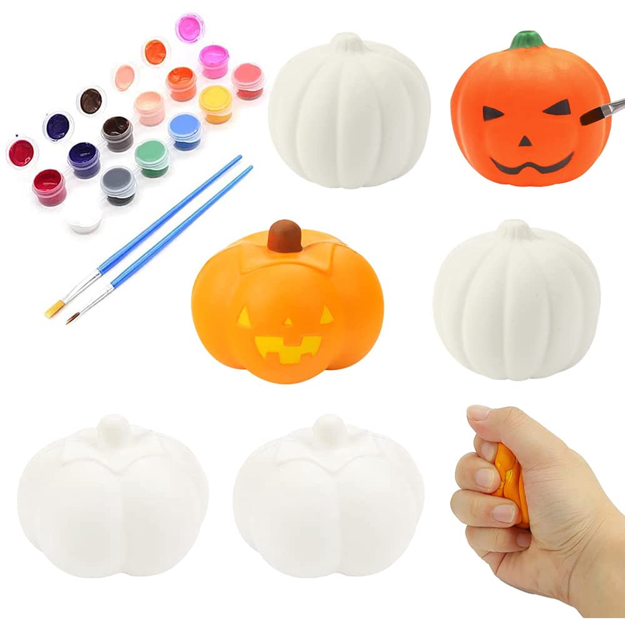 Paint Your Own Halloween Squishy Pumpkin Kit - 6 Pack Slow Rising Pumpkins With Paint & Stickers