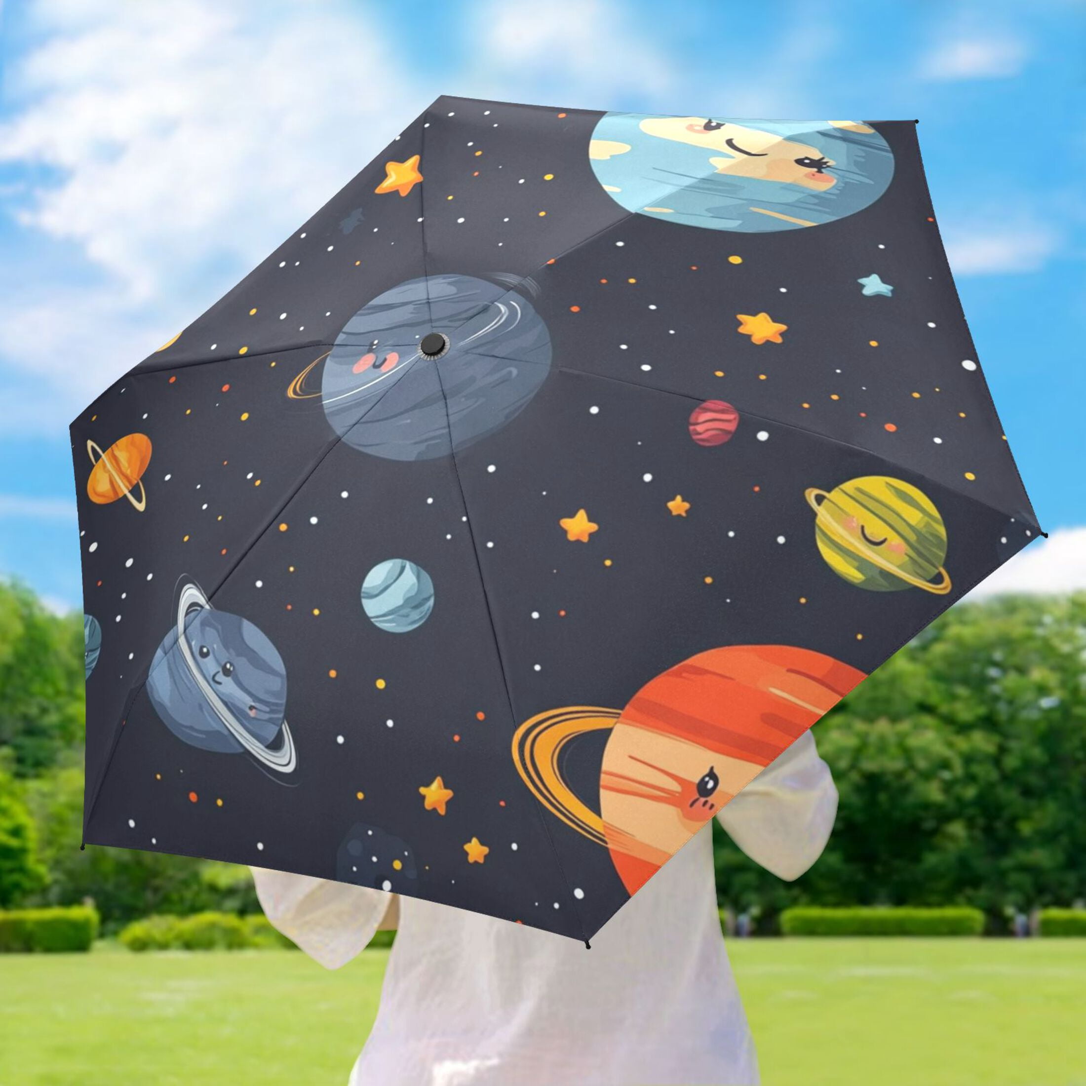 Cute Planet Umbrellas for Sun Auto Open Close UV50+ Waterproof 5-Fold Compact Fiberglass Frame