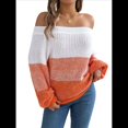 thumbnail image 1 of Suéteres Casuales de Punto A Crochet con Hombros Descubiertos y Bloques de Color para Mujer, Modernos, con Mangas Abullonadas, Cálidos y Abrigados. Naranja S, 1 of 10