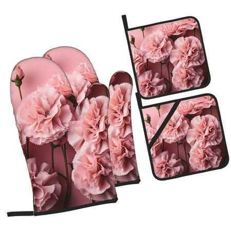 

Daiia Delicate Pink Carnations Pattern Oven Mitts and Pot Holders 4 pcs Set High Heat Resistant 500 Degree Extra Thicken Long Kitchen Cotton Oven Glove