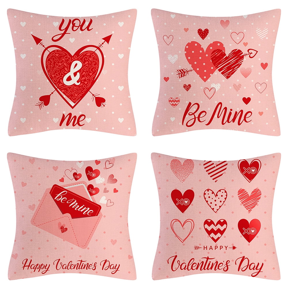 Bonhause Valentine's Day Pillow Covers (Set Of 4) - 18x18 Inch, Red Rose & Heart Pattern For Couch, Sofa, Bed Decor