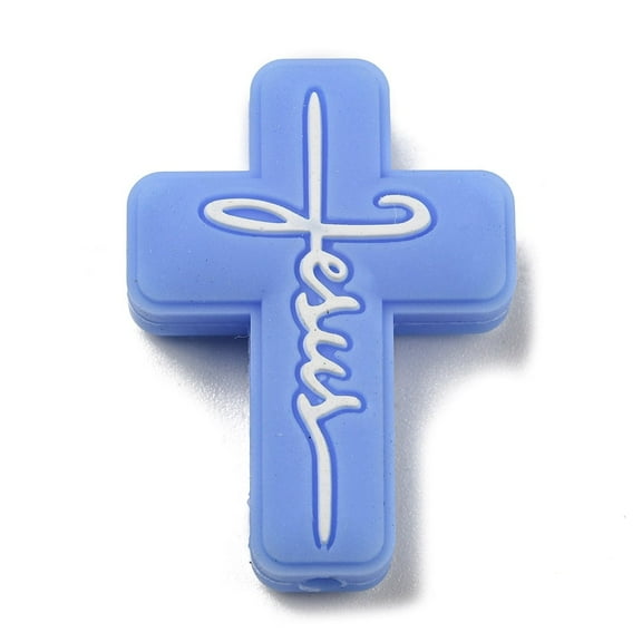 20pc with Word Jesus Silicone Focal Beads Chewing Beads For Teethers DIY Nursing Necklaces Making Cornflower Blue 30x22x8mm Hole: 2mm Cornflower Blue
